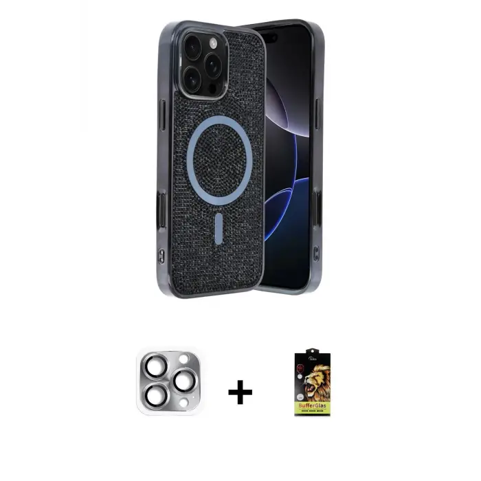 ieg™ iPhone 16 Pro Max Kılıf Eksen Çizgi - Siyah Buffer Cam Ekran Koruyucu + Pers Alüminyum Kamera Lens - GI