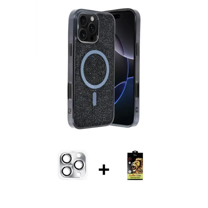 ieg™ iPhone 16 Pro Max Kılıf Eksen Çizgi - Siyah Buffer Cam Ekran Koruyucu + Pers Alüminyum Kamera Lens - GS