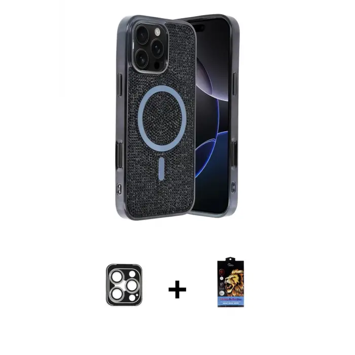 ieg™ iPhone 16 Pro Max Kılıf Eksen Çizgi - Siyah Buffer Hayalet Cam Ekran Koruyucu + PVD Metal Kamera Lens - GS