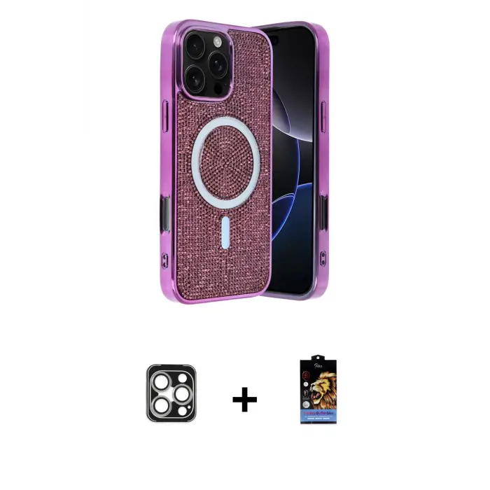 ieg™ iPhone 16 Pro Max Kılıf Eksen Çizgi - Siyah Buffer Hayalet Cam Ekran Koruyucu + PVD Metal Kamera Lens - GS