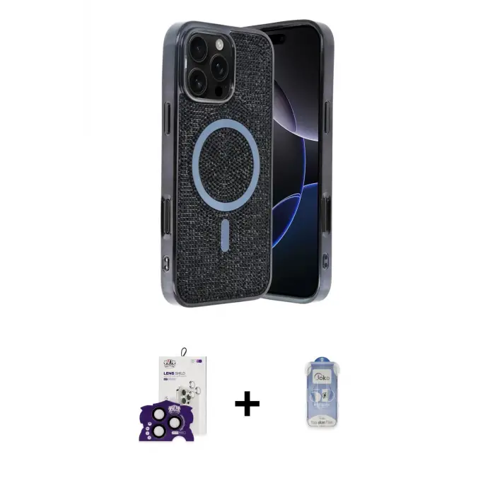 ieg™ iPhone 16 Pro Max Kılıf Eksen Çizgi - Siyah Joko Magic 5D Cam + Bilvis Titan Kamera Lens - SH