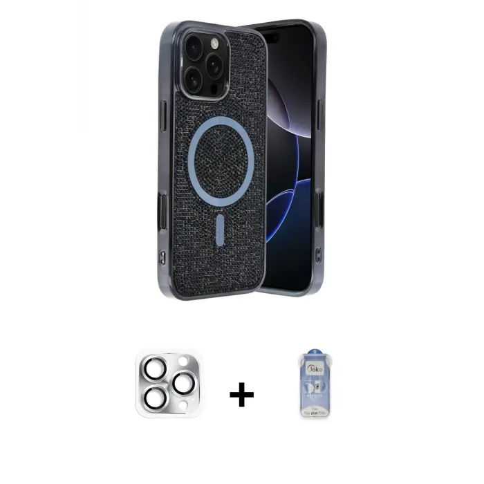 ieg™ iPhone 16 Pro Max Kılıf Eksen Çizgi - Siyah Joko Magic 5D Cam + Pers Alüminyum Kamera Lens - GS