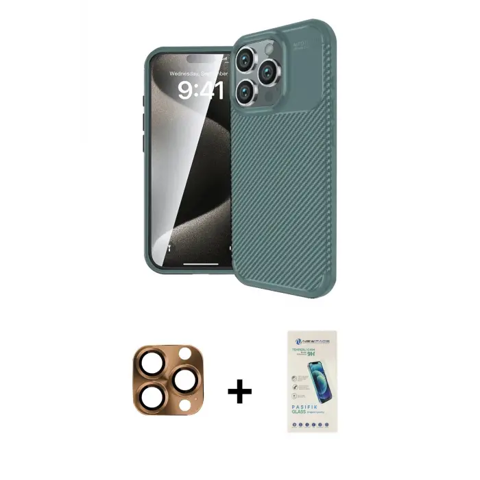 ieg™ iPhone 16 Pro Max Kılıf Eksen Form Prime - Şeffaf Pasifik Cam Ekran Koruyucu + Pers Alüminyum Kamera Lens - CLTM