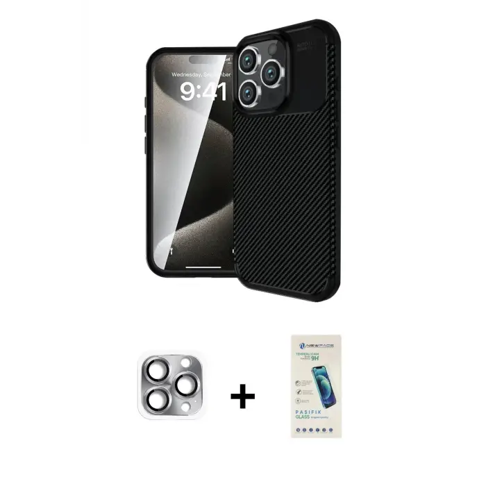 ieg™ iPhone 16 Pro Max Kılıf Eksen Form Prime - Şeffaf Pasifik Cam Ekran Koruyucu + Pers Alüminyum Kamera Lens - GI