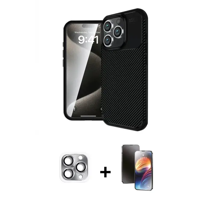 ieg™ iPhone 16 Pro Max Kılıf Eksen Form Prime - Siyah 3D Antistatik Mat Seramik Nano Ekran Koruyucu + Pers Alüminyum Kamera Lens - GI