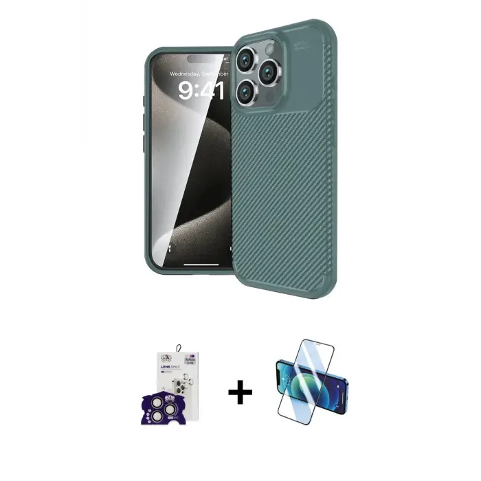 ieg™ iPhone 16 Pro Max Kılıf Eksen Form Prime - Siyah 3D Antistatik Seramik Nano Ekran Koruyucu + Bilvis Titan Kamera Lens - TMGI
