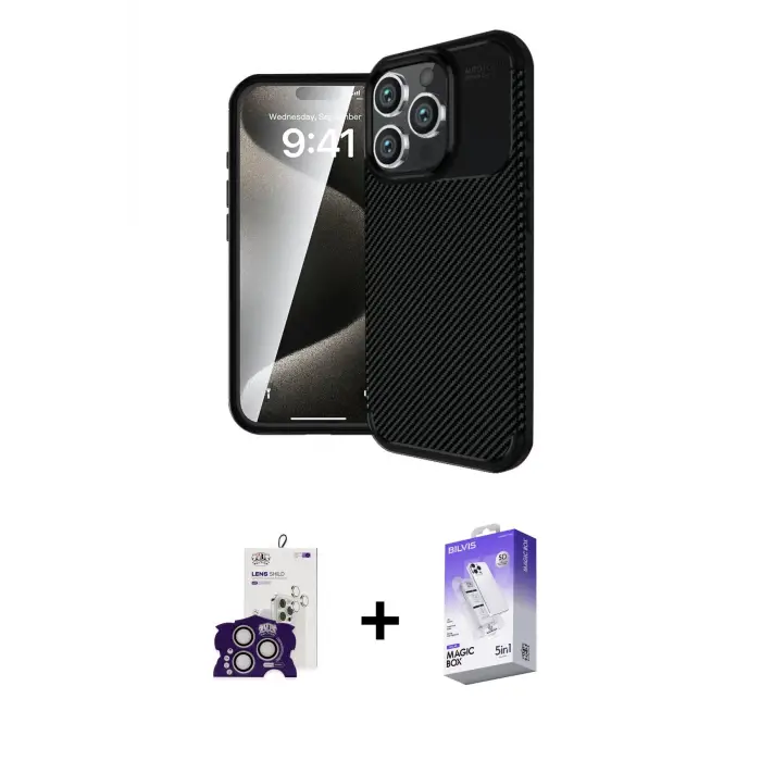 ieg™ iPhone 16 Pro Max Kılıf Eksen Form Prime - Siyah Bilvis 5in1 3D Magic Cam Ekran Koruyucu + Bilvis Titan Kamera Lens - GS