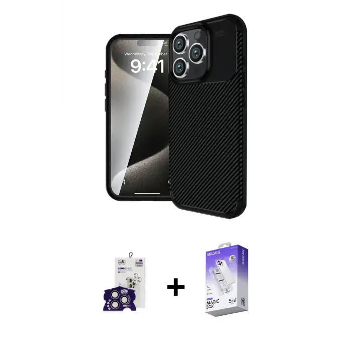 ieg™ iPhone 16 Pro Max Kılıf Eksen Form Prime - Siyah Bilvis 5in1 3D Magic Cam Ekran Koruyucu + Bilvis Titan Kamera Lens - TMGI