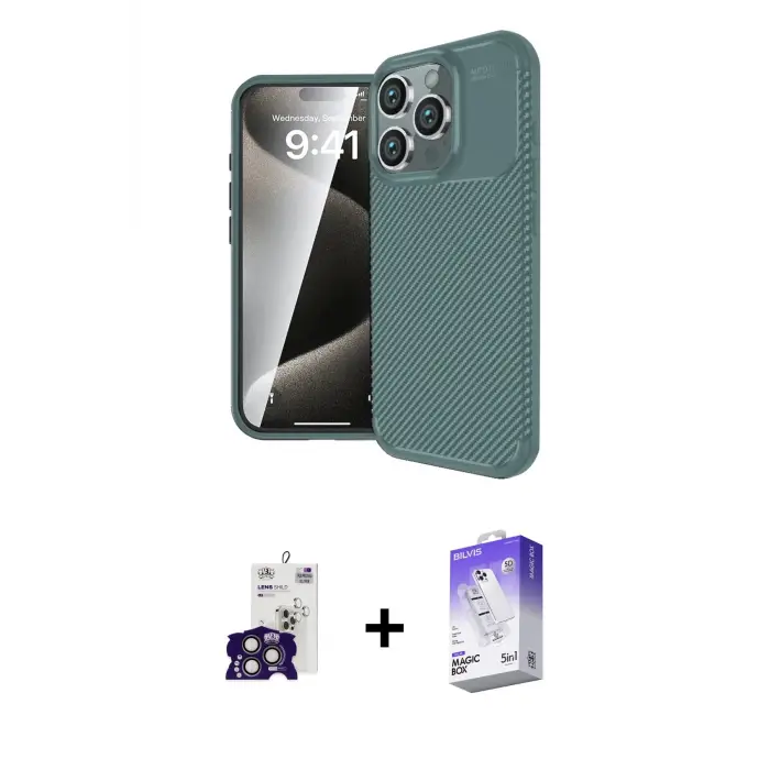 ieg™ iPhone 16 Pro Max Kılıf Eksen Form Prime - Siyah Bilvis 5in1 3D Magic Cam Ekran Koruyucu + Bilvis Titan Kamera Lens - TMGI