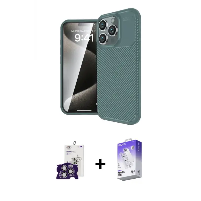 ieg™ iPhone 16 Pro Max Kılıf Eksen Form Prime - Siyah Bilvis 5in1 3D Magic Cam Ekran Koruyucu + Bilvis Titan Kamera Lens - GS