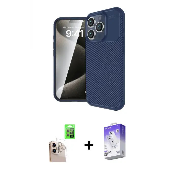 ieg™ iPhone 16 Pro Max Kılıf Eksen Form Prime - Siyah Bilvis 5in1 3D Magic Cam Ekran Koruyucu + Raze Metal Kamera Lens - NLGY