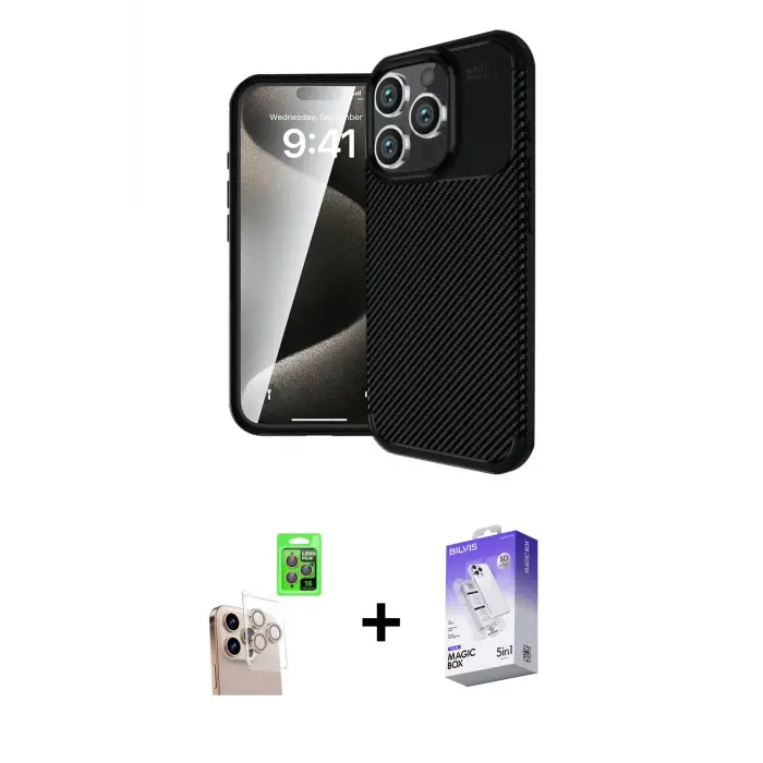ieg™ iPhone 16 Pro Max Kılıf Eksen Form Prime - Siyah Bilvis 5in1 3D Magic Cam Ekran Koruyucu + Raze Metal Kamera Lens - NLGY