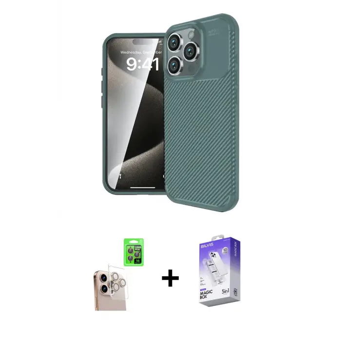 ieg™ iPhone 16 Pro Max Kılıf Eksen Form Prime - Siyah Bilvis 5in1 3D Magic Cam Ekran Koruyucu + Raze Metal Kamera Lens - NLGY