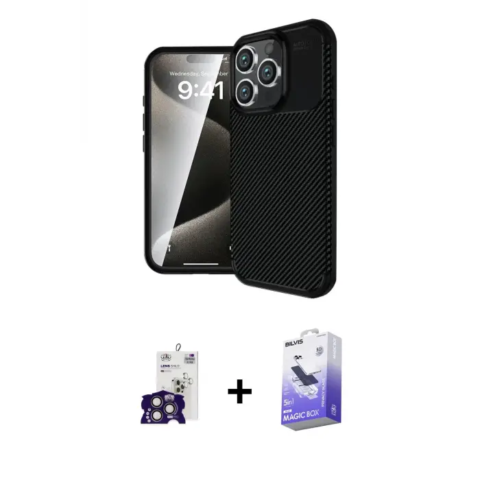ieg™ iPhone 16 Pro Max Kılıf Eksen Form Prime - Siyah Bilvis 5in1 5D Magic Hayalet Cam Ekran Koruyucu + Bilvis Titan Kamera Lens - TMGI