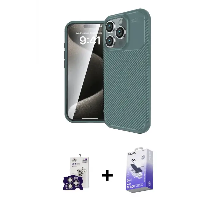 ieg™ iPhone 16 Pro Max Kılıf Eksen Form Prime - Siyah Bilvis 5in1 5D Magic Hayalet Cam Ekran Koruyucu + Bilvis Titan Kamera Lens - TMGI