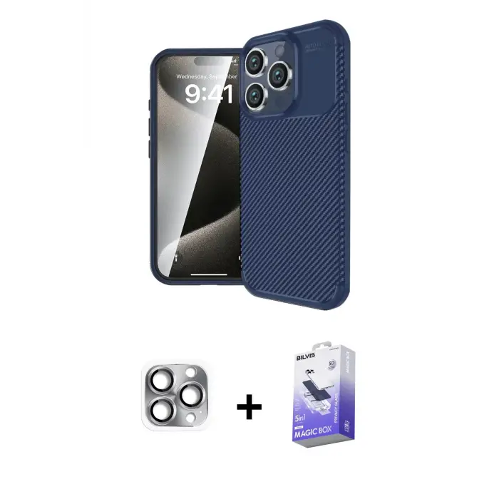 ieg™ iPhone 16 Pro Max Kılıf Eksen Form Prime - Siyah Bilvis 5in1 5D Magic Hayalet Cam Ekran Koruyucu + Pers Alüminyum Kamera Lens - GI