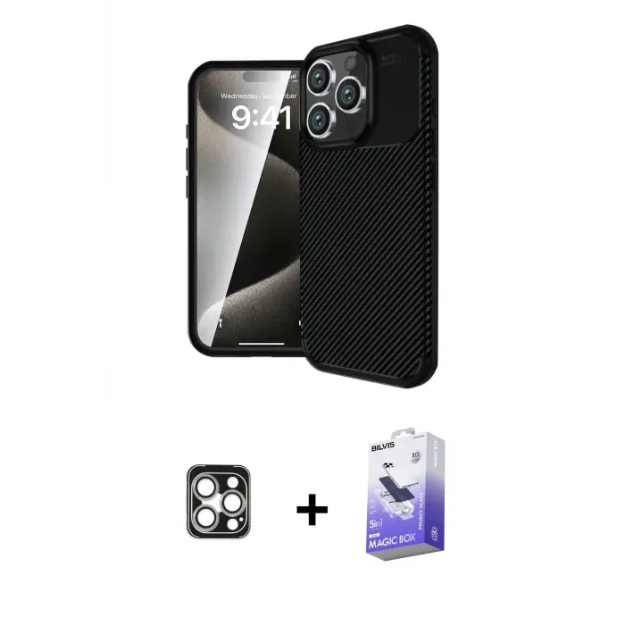 ieg™ iPhone 16 Pro Max Kılıf Eksen Form Prime - Siyah Bilvis 5in1 5D Magic Hayalet Cam Ekran Koruyucu + PVD Metal Kamera Lens - GS