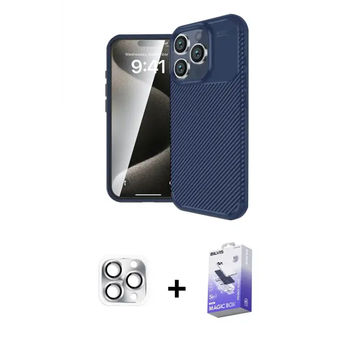 ieg™ iPhone 16 Pro Max Kılıf Eksen Form Prime - Siyah Bilvis 5in1 5D Magic Hayalet Cam Ekran Koruyucu + Pers Alüminyum Kamera Lens - GS