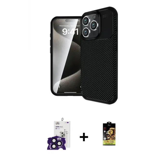 ieg™ iPhone 16 Pro Max Kılıf Eksen Form Prime - Siyah Buffer Cam Ekran Koruyucu + Bilvis Titan Kamera Lens - SH