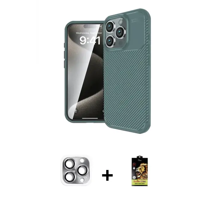 ieg™ iPhone 16 Pro Max Kılıf Eksen Form Prime - Siyah Buffer Cam Ekran Koruyucu + Pers Alüminyum Kamera Lens - GI