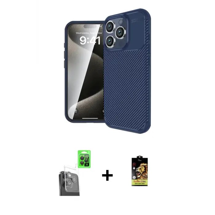 ieg™ iPhone 16 Pro Max Kılıf Eksen Form Prime - Siyah Buffer Cam Ekran Koruyucu + Raze Metal Kamera Lens - SH