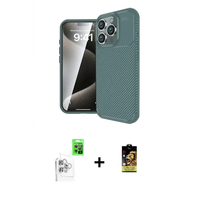 ieg™ iPhone 16 Pro Max Kılıf Eksen Form Prime - Siyah Buffer Cam Ekran Koruyucu + Raze Metal Kamera Lens - BZ