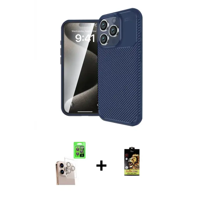 ieg™ iPhone 16 Pro Max Kılıf Eksen Form Prime - Siyah Buffer Cam Ekran Koruyucu + Raze Metal Kamera Lens - NLGY