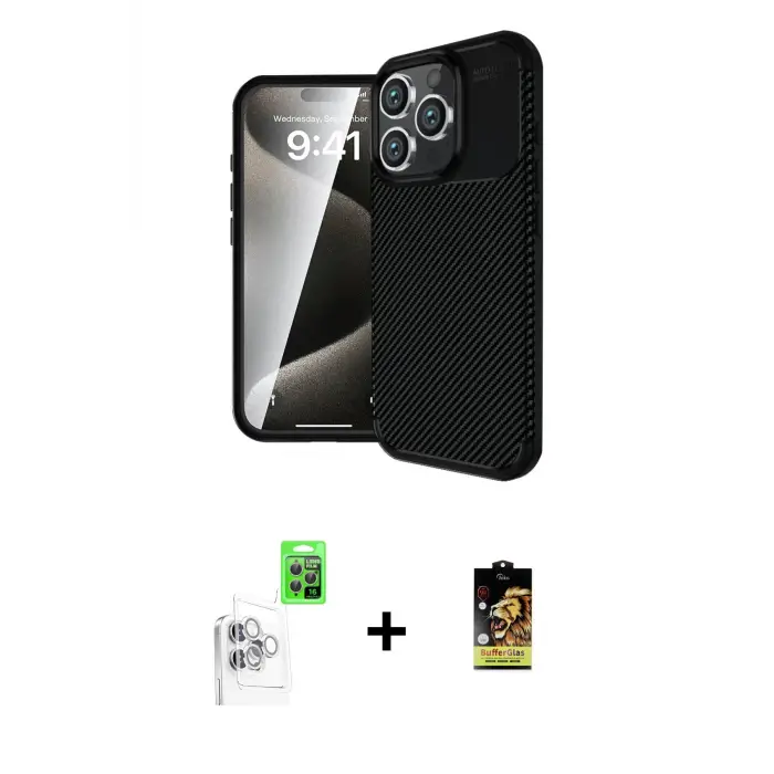 ieg™ iPhone 16 Pro Max Kılıf Eksen Form Prime - Siyah Buffer Cam Ekran Koruyucu + Raze Metal Kamera Lens - BZ