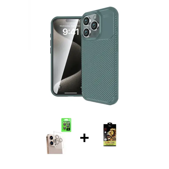 ieg™ iPhone 16 Pro Max Kılıf Eksen Form Prime - Siyah Buffer Cam Ekran Koruyucu + Raze Metal Kamera Lens - NLGY