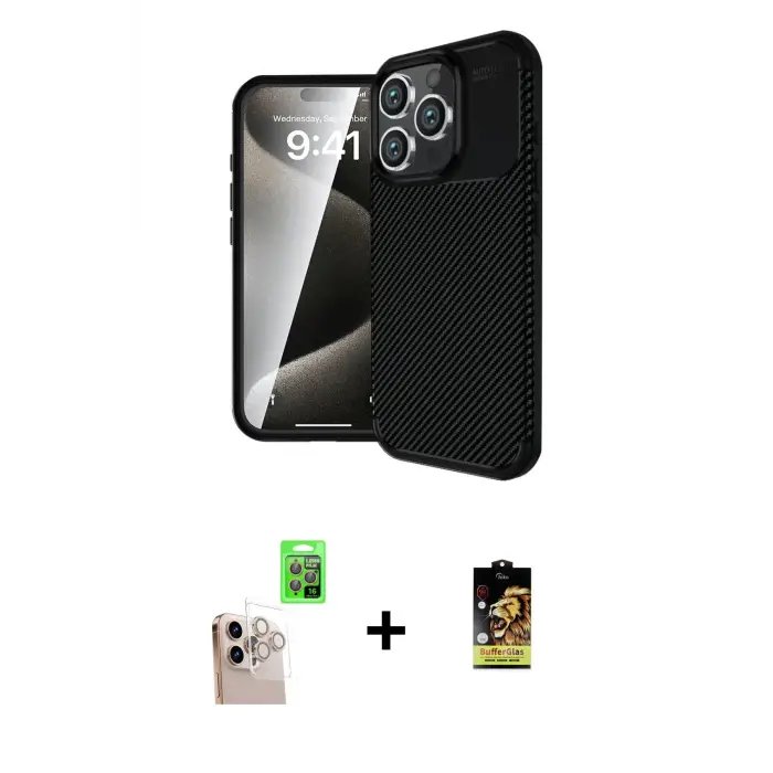 ieg™ iPhone 16 Pro Max Kılıf Eksen Form Prime - Siyah Buffer Cam Ekran Koruyucu + Raze Metal Kamera Lens - NLGY