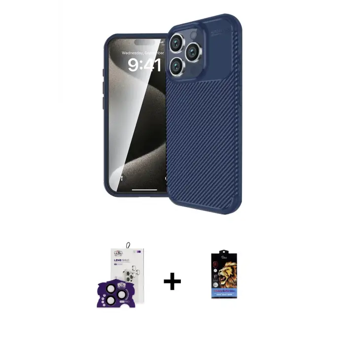 ieg™ iPhone 16 Pro Max Kılıf Eksen Form Prime - Siyah Buffer Hayalet Cam Ekran Koruyucu + Bilvis Titan Kamera Lens - SH