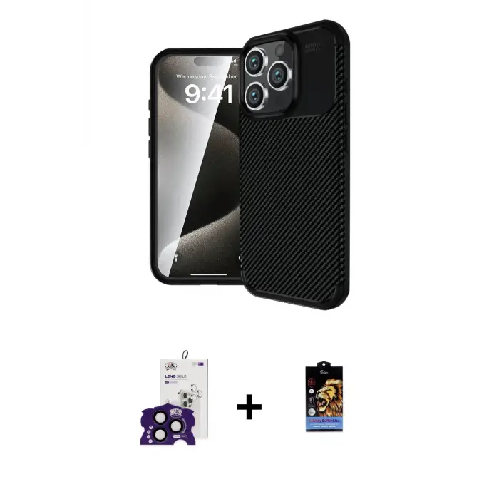 ieg™ iPhone 16 Pro Max Kılıf Eksen Form Prime - Siyah Buffer Hayalet Cam Ekran Koruyucu + Bilvis Titan Kamera Lens - SH