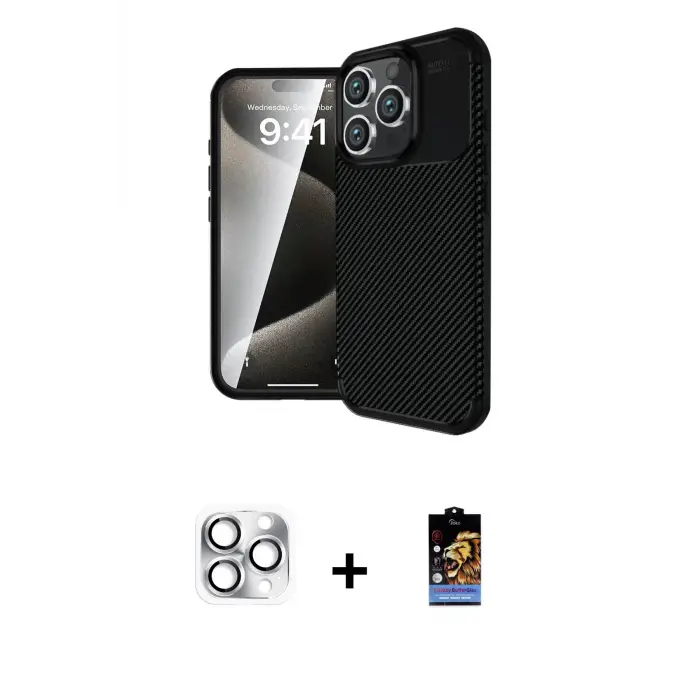 ieg™ iPhone 16 Pro Max Kılıf Eksen Form Prime - Siyah Buffer Hayalet Cam Ekran Koruyucu + Pers Alüminyum Kamera Lens - GS