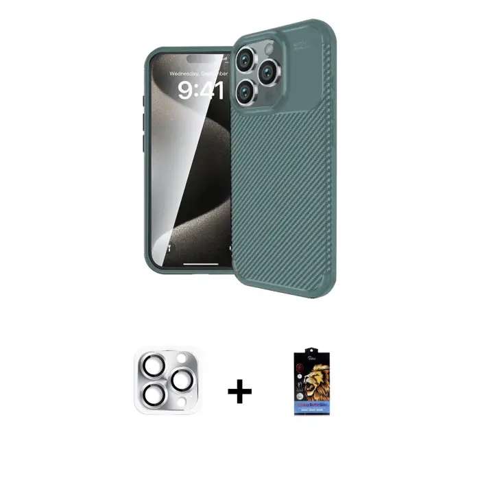 ieg™ iPhone 16 Pro Max Kılıf Eksen Form Prime - Siyah Buffer Hayalet Cam Ekran Koruyucu + Pers Alüminyum Kamera Lens - GS