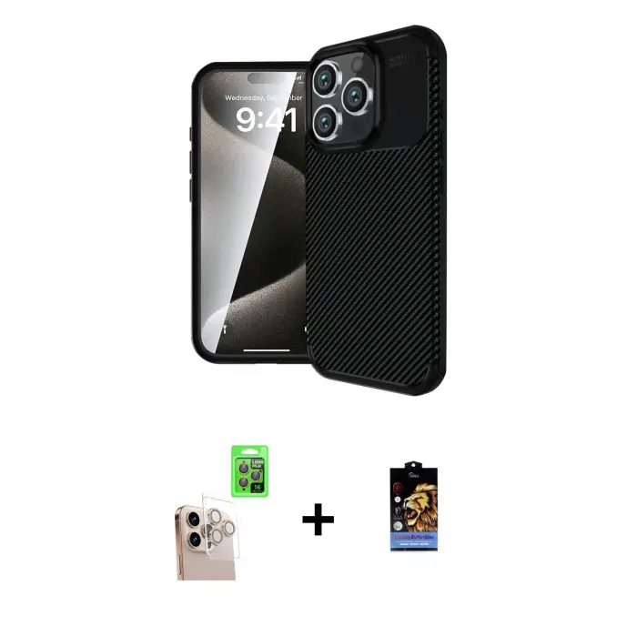 ieg™ iPhone 16 Pro Max Kılıf Eksen Form Prime - Siyah Buffer Hayalet Cam Ekran Koruyucu + Raze Metal Kamera Lens - NLGY