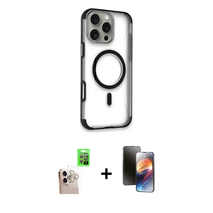 ieg™ iPhone 16 Pro Max Kılıf Eksen Klasik Koleksiyonu - Siyah 3D Antistatik Mat Seramik Nano Ekran Koruyucu + Raze Metal Kamera Lens - NLGY