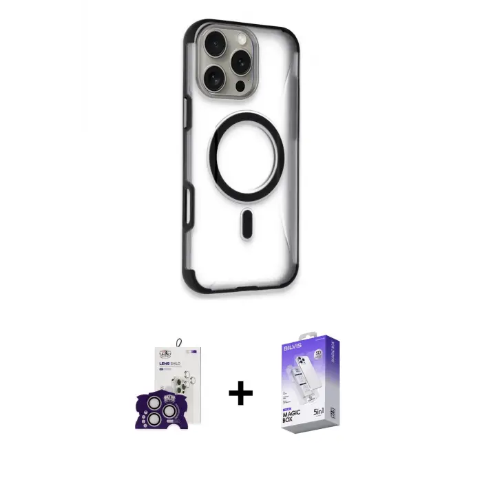 ieg™ iPhone 16 Pro Max Kılıf Eksen Klasik Koleksiyonu - Siyah Bilvis 5in1 3D Magic Cam Ekran Koruyucu + Bilvis Titan Kamera Lens - GS