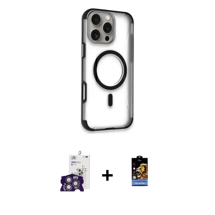 ieg™ iPhone 16 Pro Max Kılıf Eksen Klasik Koleksiyonu - Siyah Buffer Hayalet Cam Ekran Koruyucu + Bilvis Titan Kamera Lens - GS