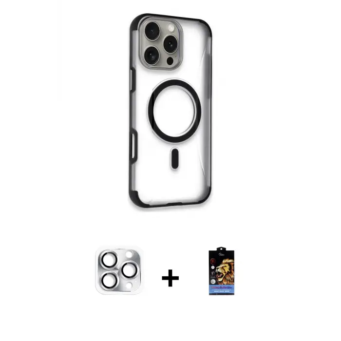 ieg™ iPhone 16 Pro Max Kılıf Eksen Klasik Koleksiyonu - Siyah Buffer Hayalet Cam Ekran Koruyucu + Pers Alüminyum Kamera Lens - GS