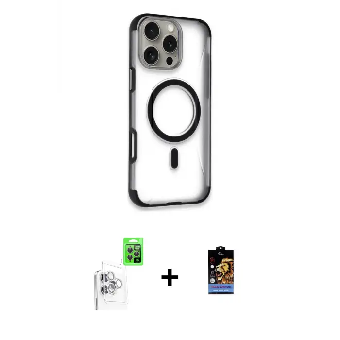 ieg™ iPhone 16 Pro Max Kılıf Eksen Klasik Koleksiyonu - Siyah Buffer Hayalet Cam Ekran Koruyucu + Raze Metal Kamera Lens - BZ