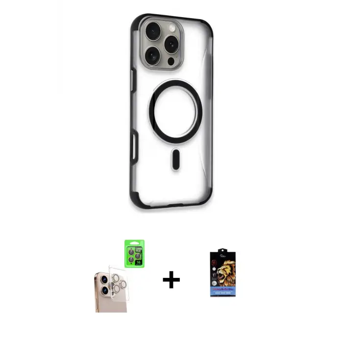 ieg™ iPhone 16 Pro Max Kılıf Eksen Klasik Koleksiyonu - Siyah Buffer Hayalet Cam Ekran Koruyucu + Raze Metal Kamera Lens - NLGY