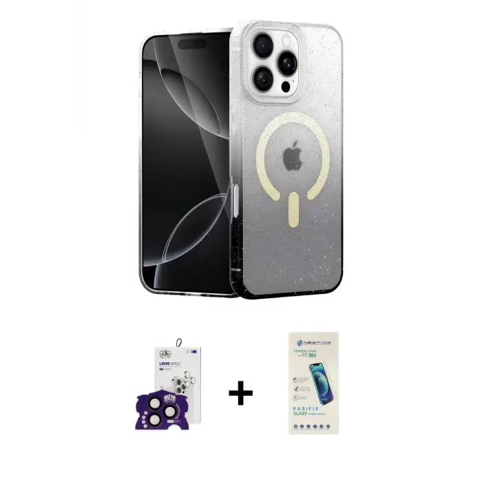 ieg™ iPhone 16 Pro Max Kılıf Eksen Minimal Özel Seri - Şeffaf Pasifik Cam Ekran Koruyucu + Bilvis Titan Kamera Lens - SH