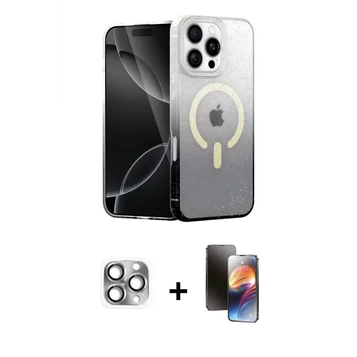 ieg™ iPhone 16 Pro Max Kılıf Eksen Minimal Özel Seri - Siyah 3D Antistatik Mat Seramik Nano Ekran Koruyucu + Pers Alüminyum Kamera Lens - GI