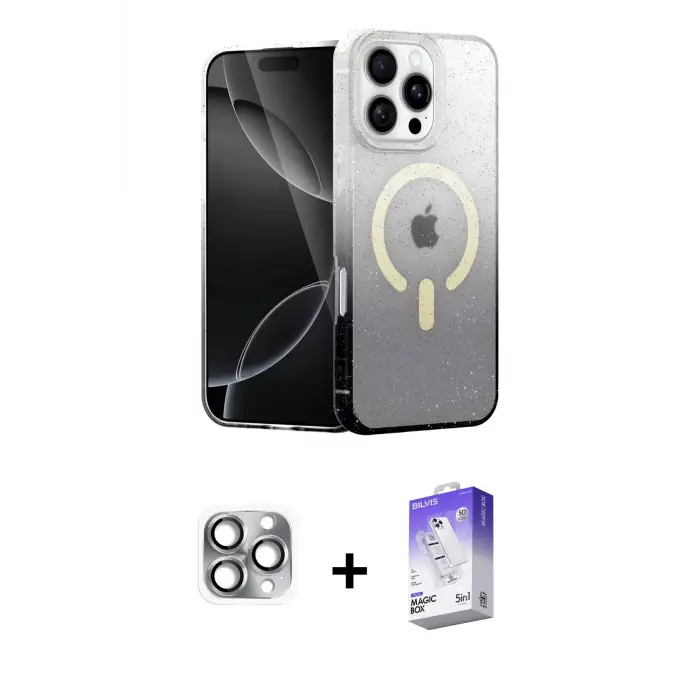 ieg™ iPhone 16 Pro Max Kılıf Eksen Minimal Özel Seri - Siyah Bilvis 5in1 3D Magic Cam Ekran Koruyucu + Pers Alüminyum Kamera Lens - GI
