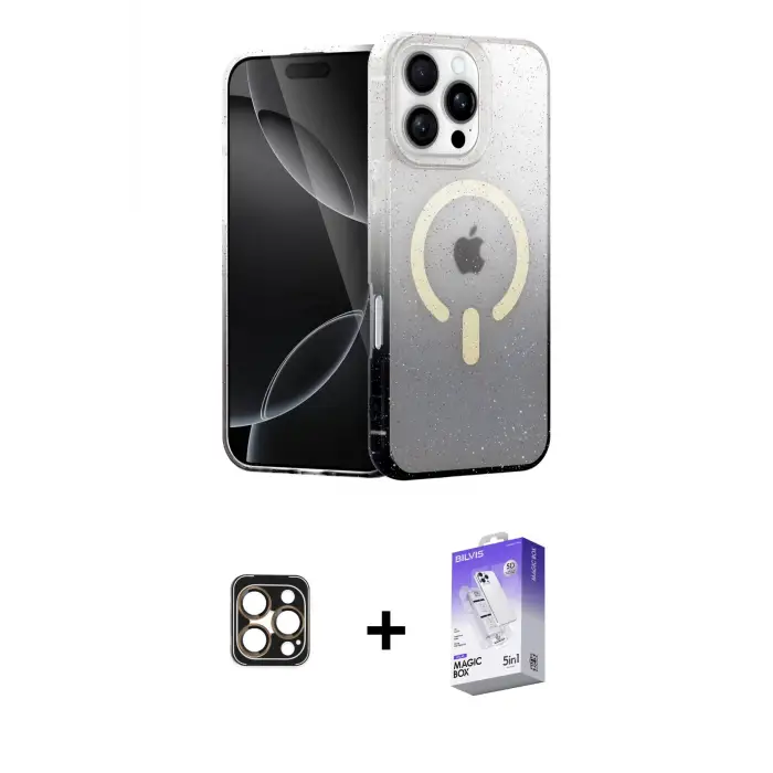 ieg™ iPhone 16 Pro Max Kılıf Eksen Minimal Özel Seri - Siyah Bilvis 5in1 3D Magic Cam Ekran Koruyucu + PVD Metal Kamera Lens - GD