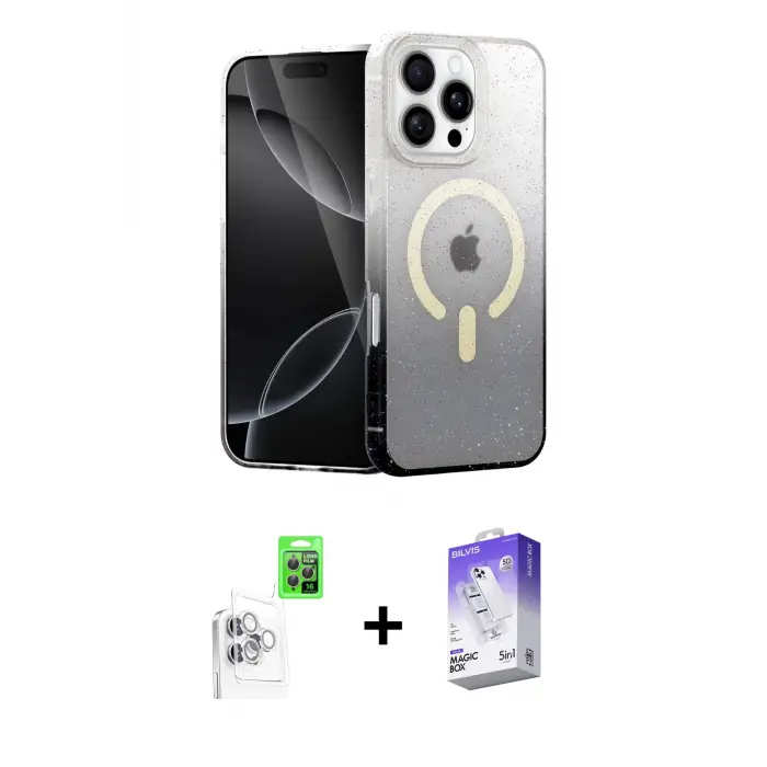 ieg™ iPhone 16 Pro Max Kılıf Eksen Minimal Özel Seri - Siyah Bilvis 5in1 3D Magic Cam Ekran Koruyucu + Raze Metal Kamera Lens - BZ