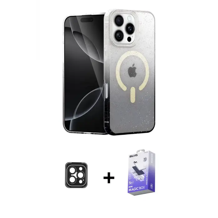 ieg™ iPhone 16 Pro Max Kılıf Eksen Minimal Özel Seri - Siyah Bilvis 5in1 5D Magic Hayalet Cam Ekran Koruyucu + PVD Metal Kamera Lens - SH