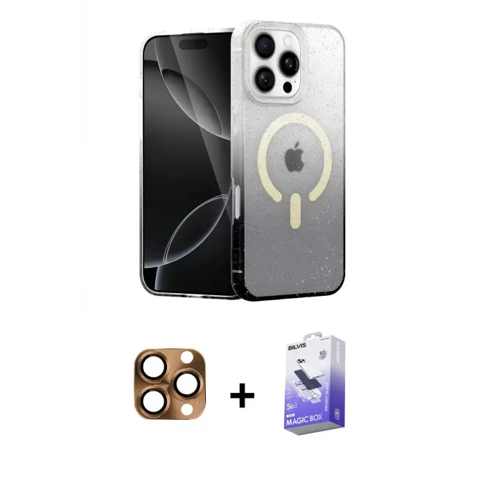 ieg™ iPhone 16 Pro Max Kılıf Eksen Minimal Özel Seri - Siyah Bilvis 5in1 5D Magic Hayalet Cam Ekran Koruyucu + Pers Alüminyum Kamera Lens - CLTM
