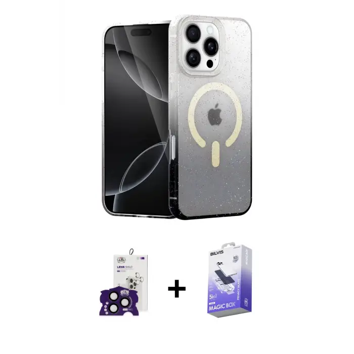 ieg™ iPhone 16 Pro Max Kılıf Eksen Minimal Özel Seri - Siyah Bilvis 5in1 5D Magic Hayalet Cam Ekran Koruyucu + Bilvis Titan Kamera Lens - SH