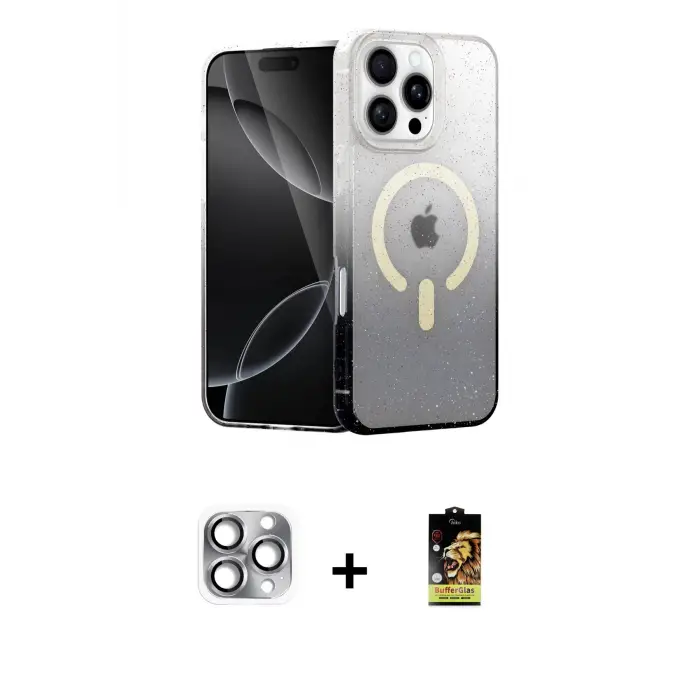 ieg™ iPhone 16 Pro Max Kılıf Eksen Minimal Özel Seri - Siyah Buffer Cam Ekran Koruyucu + Pers Alüminyum Kamera Lens - GI